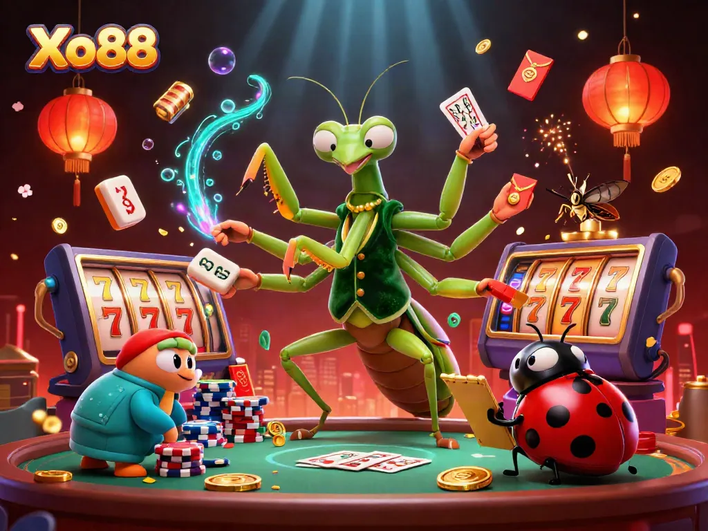 Experience exciting gameplay at Xo88 with animated slot reels, vibrant characters, and a festive casino atmosphere.