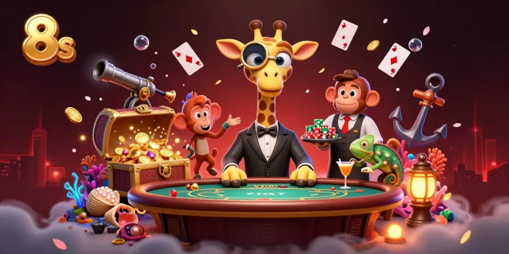 Engaging illustration of a high-roller giraffe and friends celebrating a big win in the vibrant world of 8s casino games.
