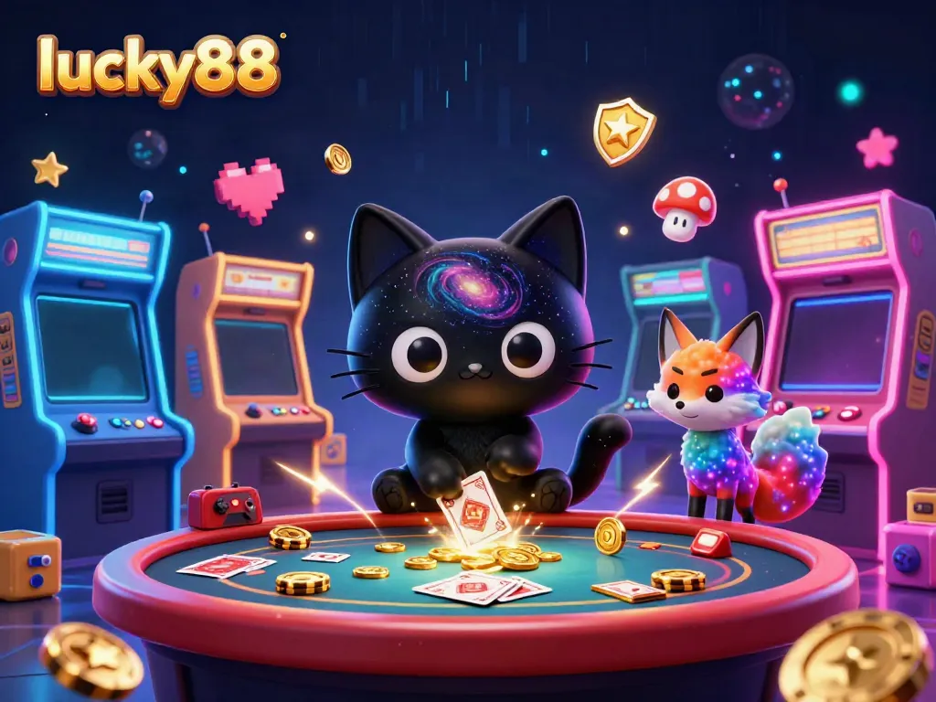 Spin to win with lucky88, featuring a cosmic cat and fox in a vibrant casino scene.