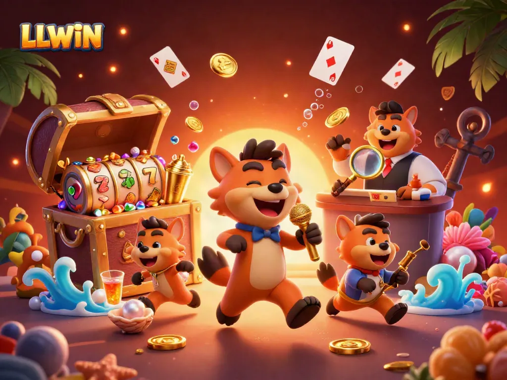 Experience the thrill of LLWIN at a lively casino with hyena entertainers and gaming elements.