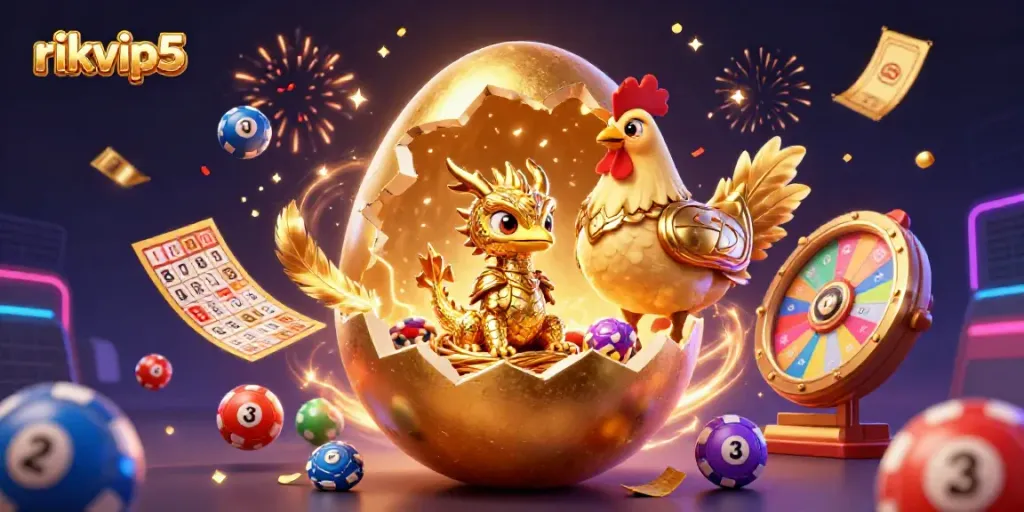 Engage in thrilling gameplay with rikvip5, featuring a gold dragon amidst dynamic casino elements.