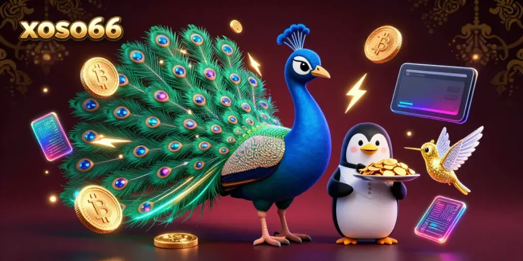 xoso66 offers an exciting casino experience with a vibrant scene featuring a peacock, penguin, and hummingbird.