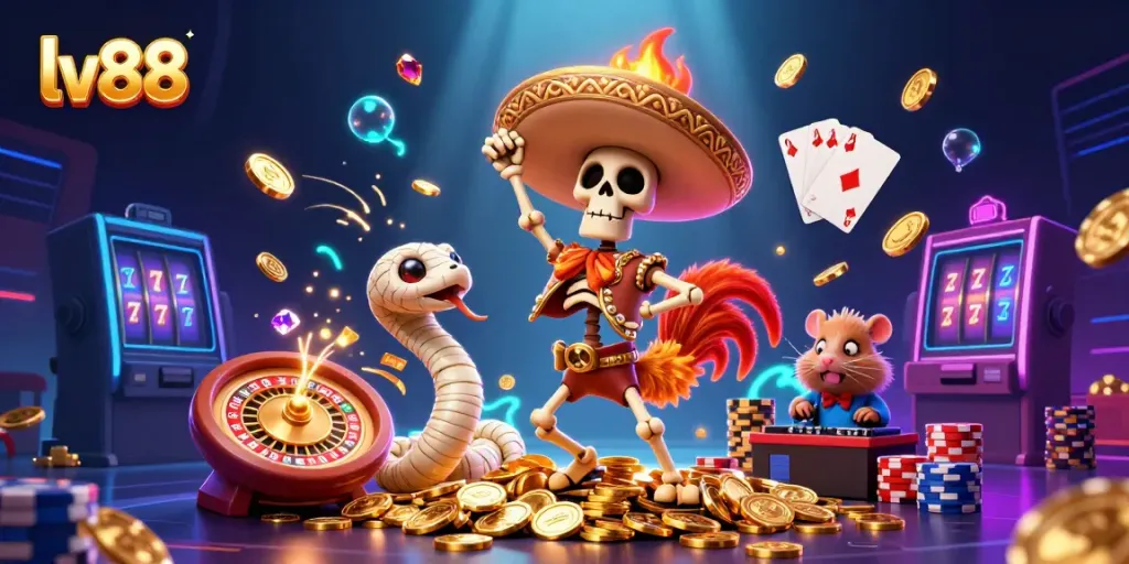 Experience interactive gaming joy at lv88 with a vibrant 3D casino celebration, showcasing thrilling characters and dynamic game elements.
