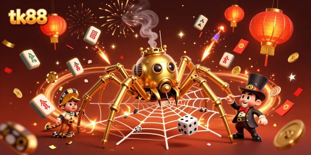 Engage with tk88's lively gaming scene featuring a whimsical spider and animated casino elements.