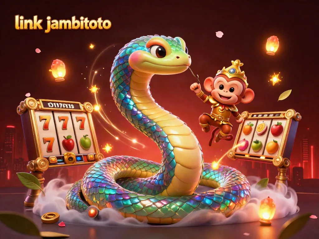 Play exciting games with link jambitoto in this vibrant casino scene featuring a rainbow serpent and monkey king.