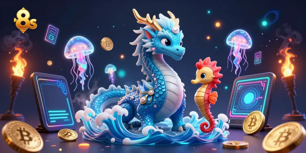 Engage with thrilling 8s casino action as a dragon and knight explore the underwater world.