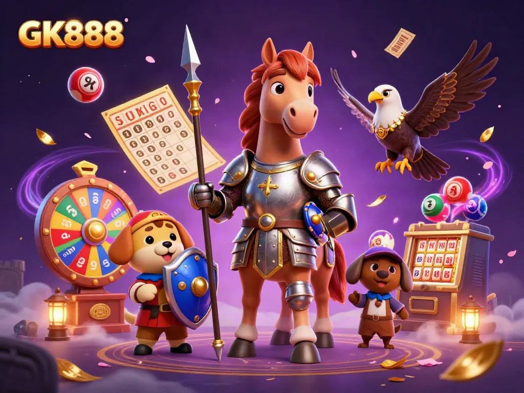 Experience the excitement of GK888 with a knight and puppy amidst dynamic gambling elements.