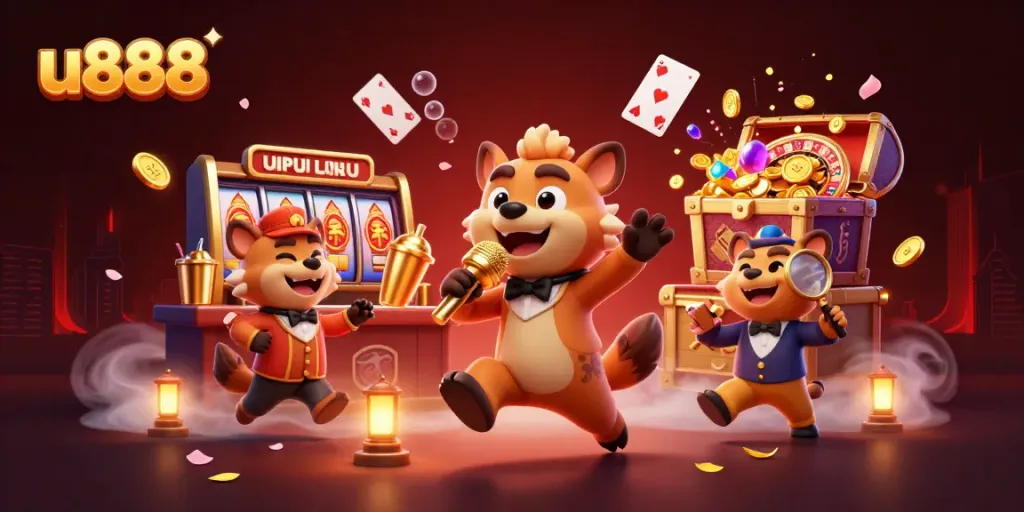 Experience the thrills of u888 with engaging hyena characters in a vibrant casino setting.