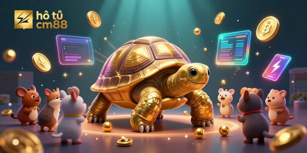 Engage with hổ trợ cm88 in a vibrant casino scene featuring a golden tortoise pinball machine and crypto themes.