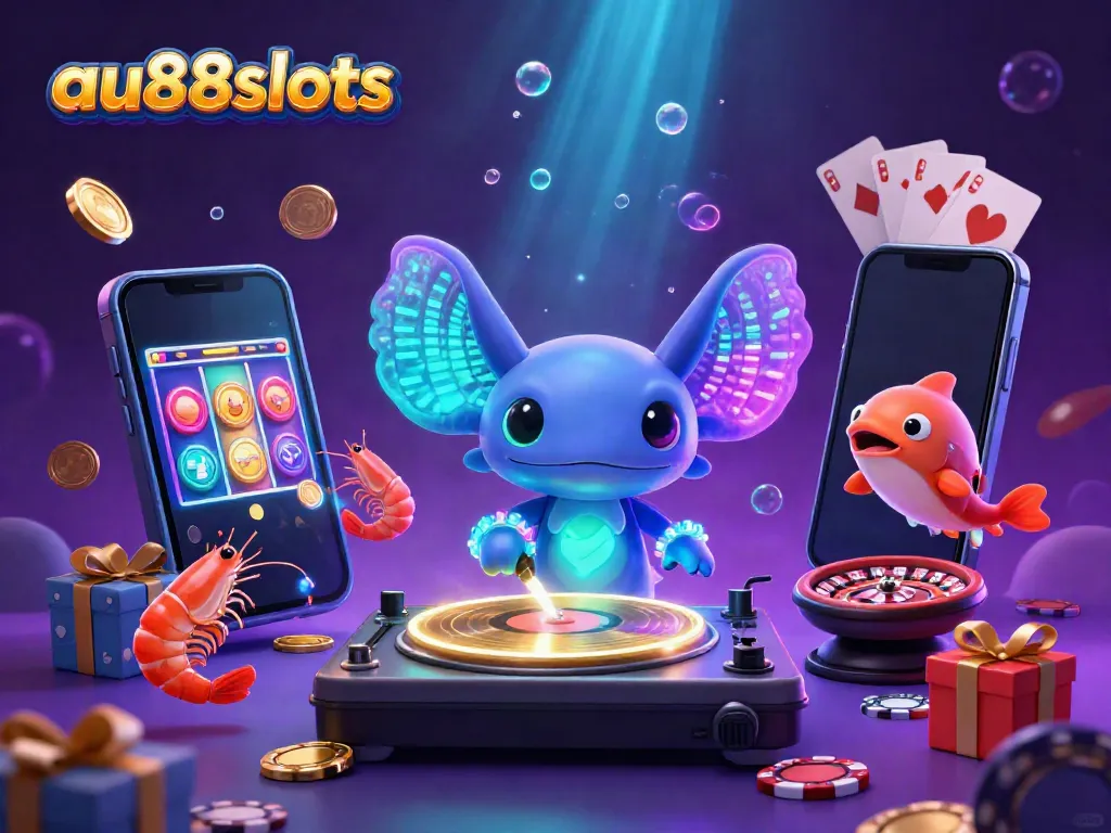 Experience the vibrant energy at au88slots with a neon axolotl DJ and casino elements.