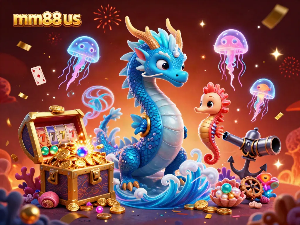 Experience excitement with mm88 us, where a magical water dragon interacts with glowing slot reels and underwater treasures.