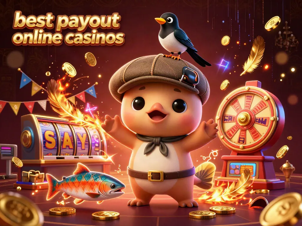 Engage with best payout online casinos showcasing dynamic slot reels and playful characters in a vibrant 3D illustration.