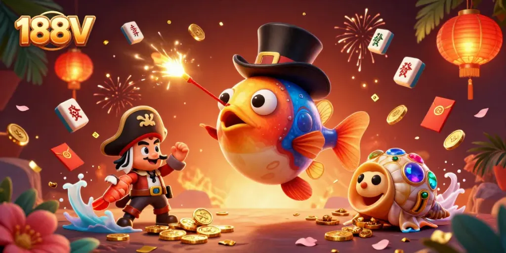 Experience the thrill of 188V with a vibrant underwater casino scene featuring playful characters and dynamic gambling elements.
