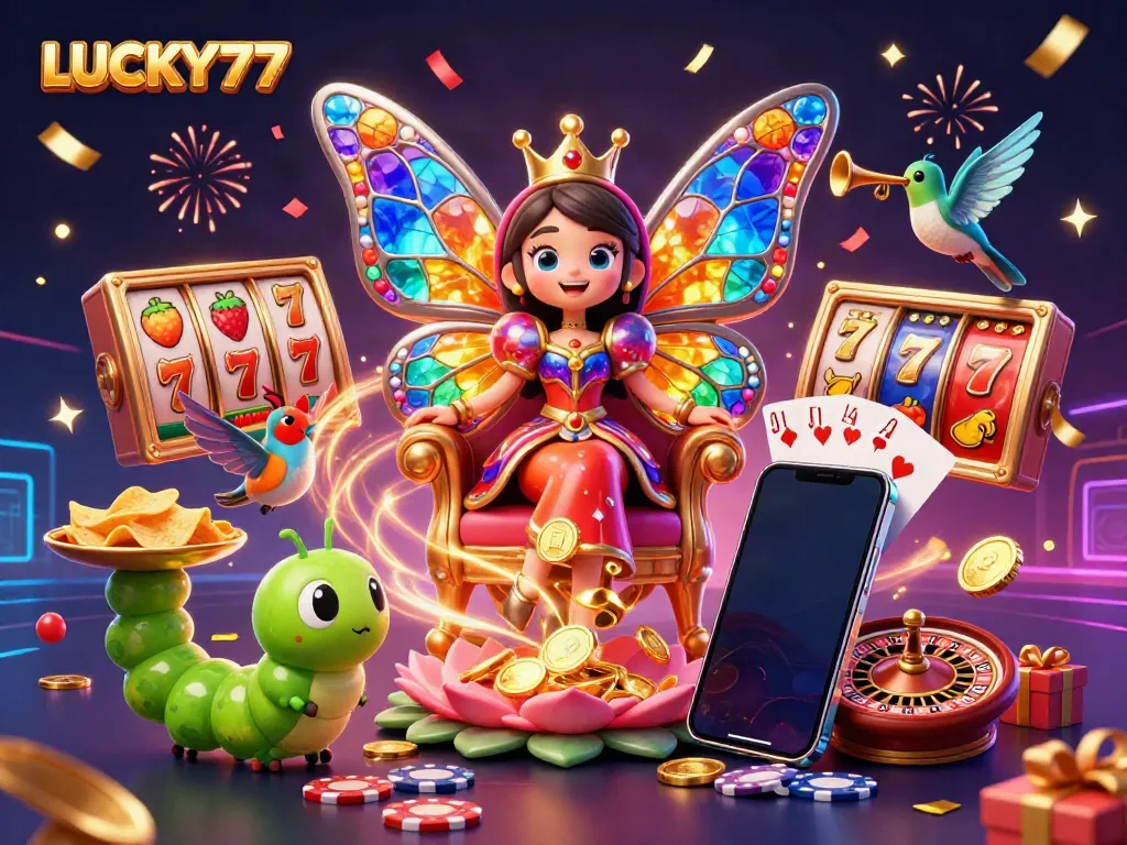 Experience the excitement of LUCKY77 with this vibrant casino-themed illustration featuring colorful slot games.