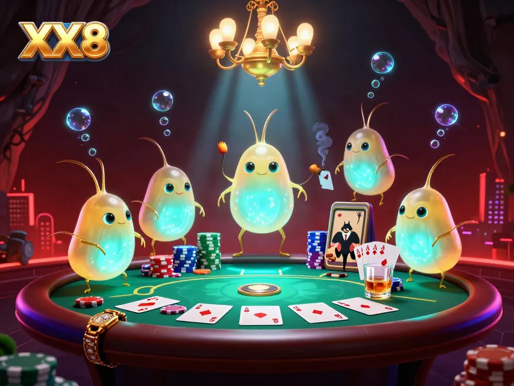 Engaging XX8 casino scene with glowworms lighting a poker table and a bat dealer, filled with vibrant elements.