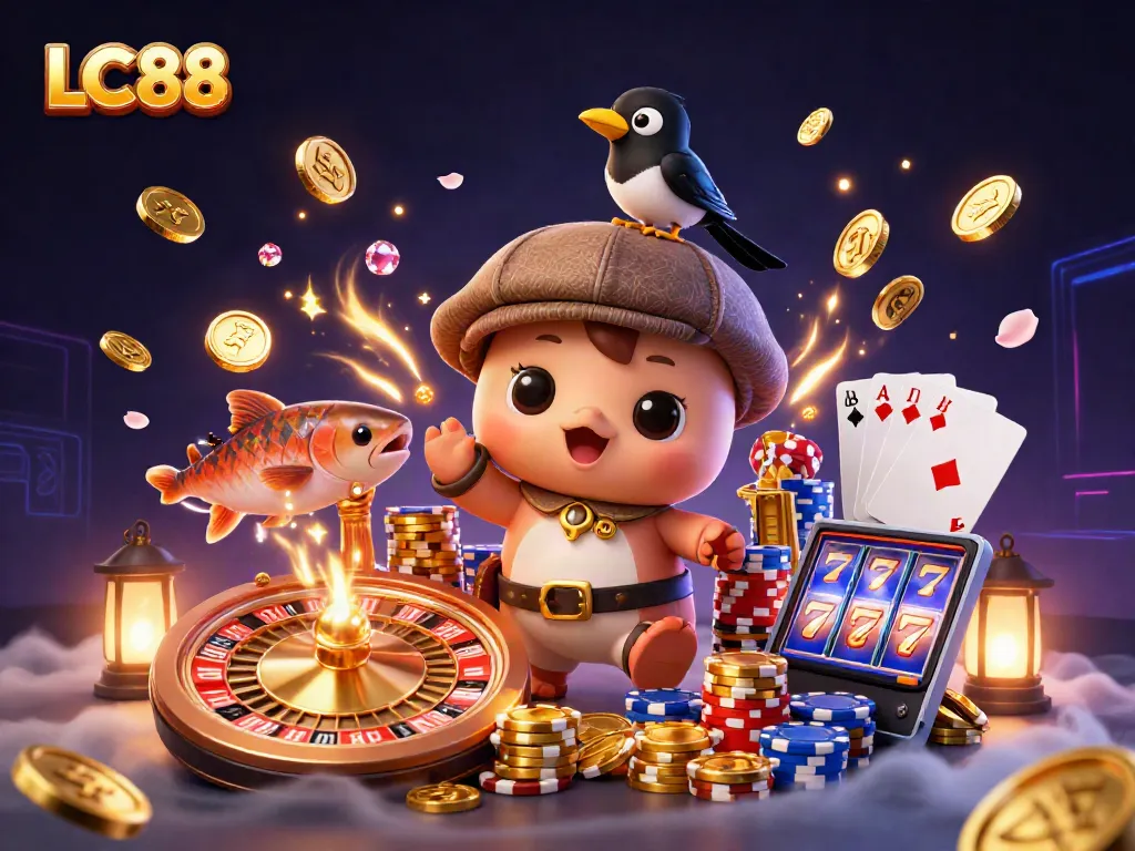 Engaging scene showcasing LC88's vibrant casino atmosphere with baby Nessie, a magpie, and salmon celebrating wins.