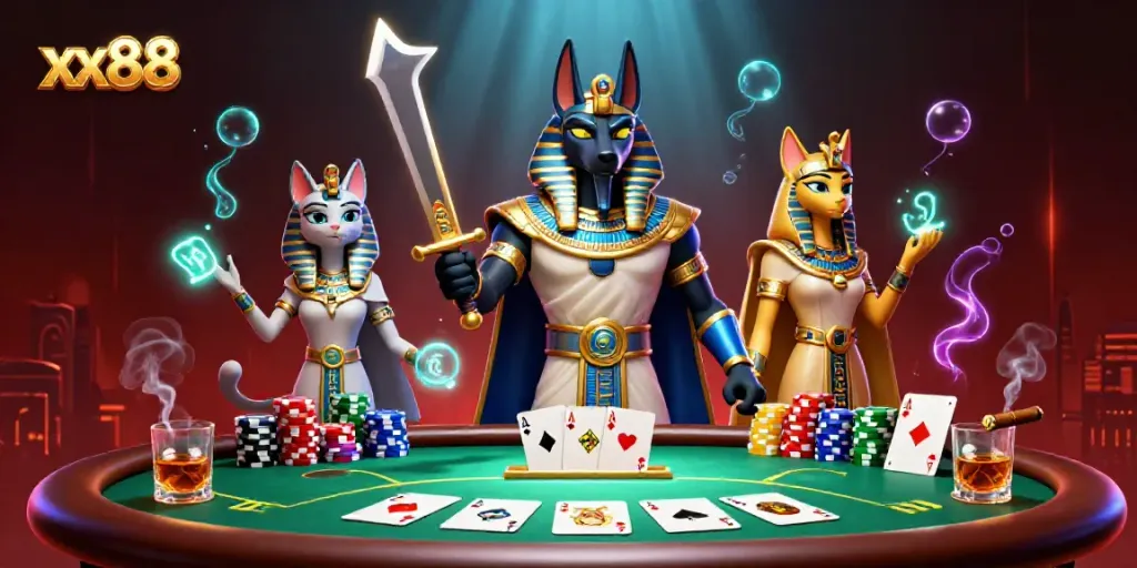 Experience thrilling poker action with xx88's Egyptian-themed warriors and vibrant casino elements.
