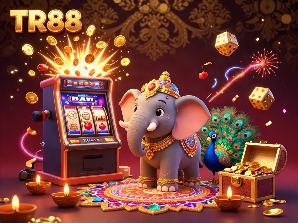 Experience the excitement of TR88 with a vibrant illustration of a casino scene bursting with jackpots and festive elements.