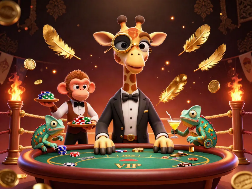 Engage with exciting DN88 gaming dynamics featuring a high-roller giraffe and a lively casino atmosphere.