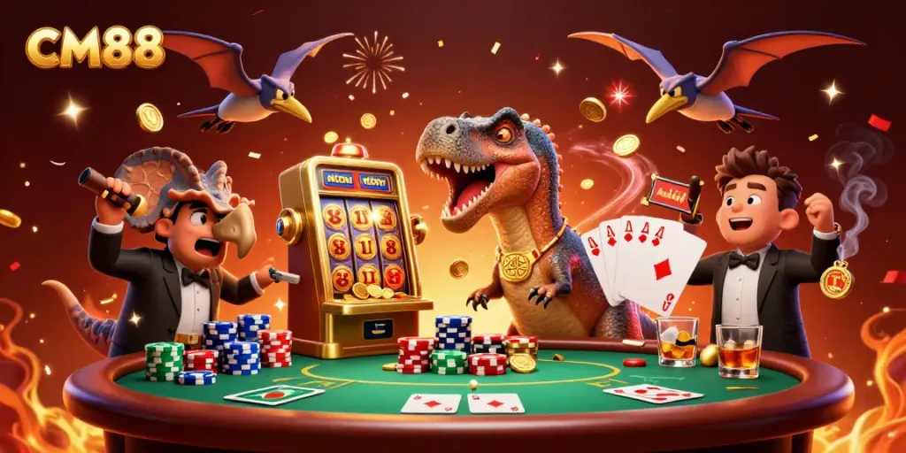cm88 jackpot scene showing characters interacting with a golden slot machine and poker elements, illustrating the thrill of gaming