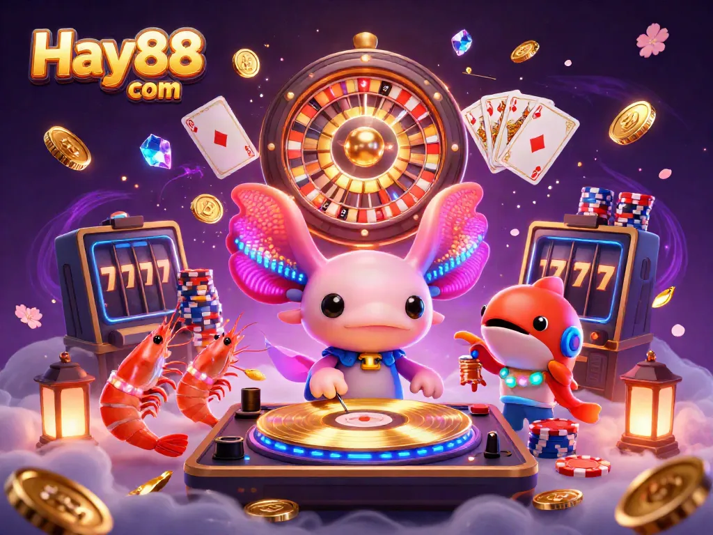 Experience the excitement of Hay88 com with a vibrant casino scene featuring an axolotl DJ and a glowing party atmosphere.