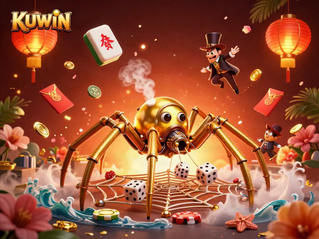 Engage with KUWIN's golden spider theme in a vibrant casino environment.