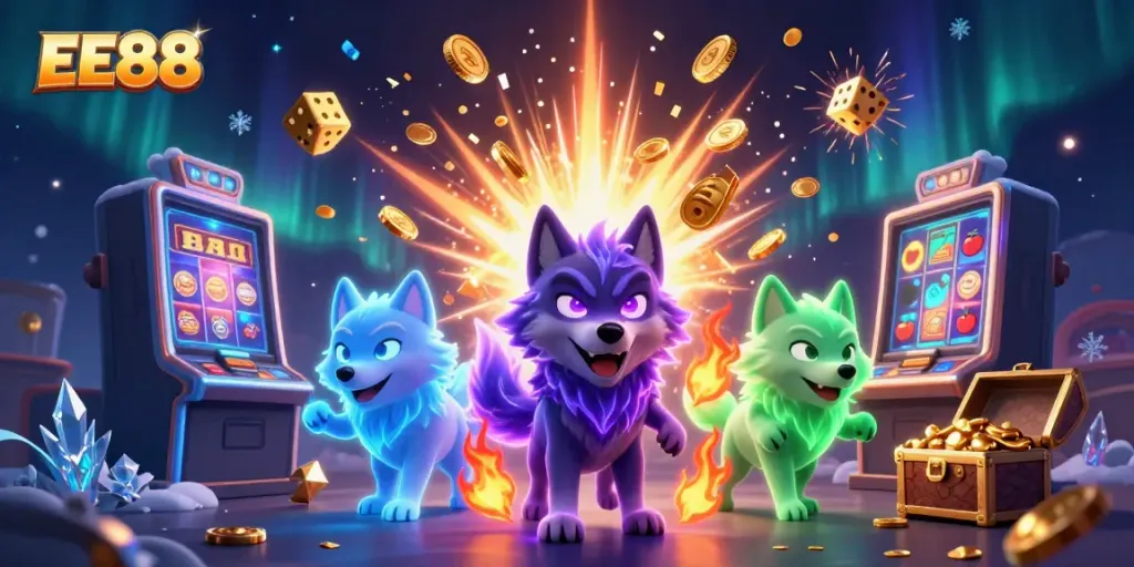 Experience excitement at EE88 with a thrilling 3D illustration showcasing a wolf leader among exciting casino game elements.