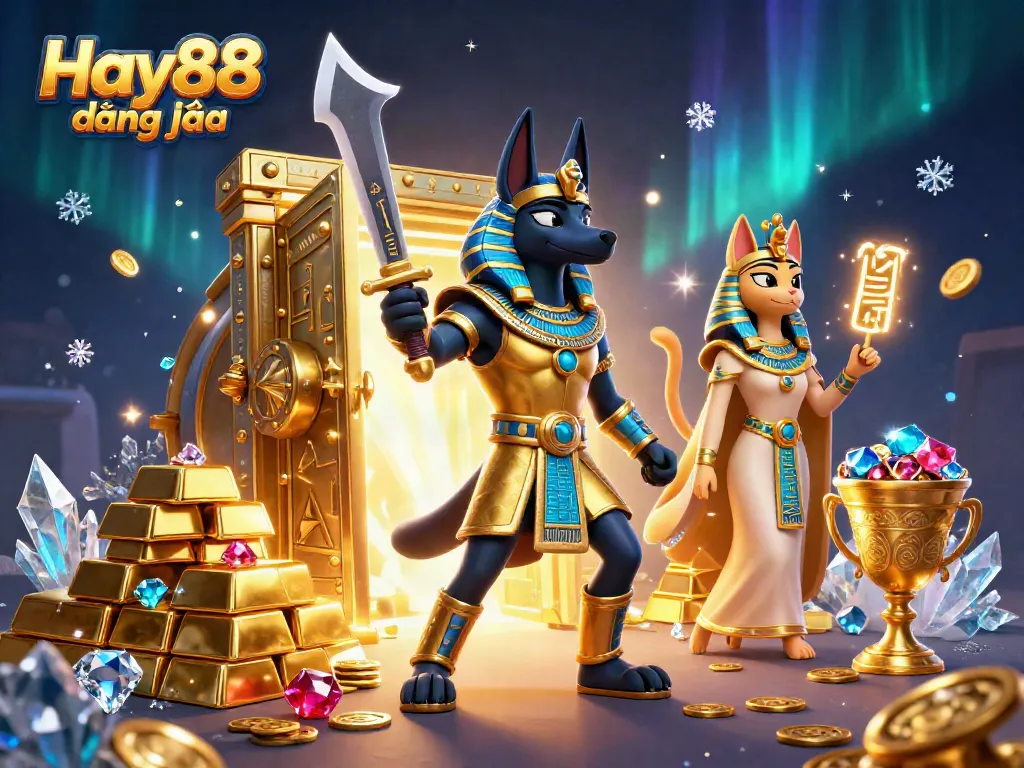Engage in thrilling bets at Hay88 đăng nhập with an energetic scene featuring ancient Egyptian warriors and gold treasures.