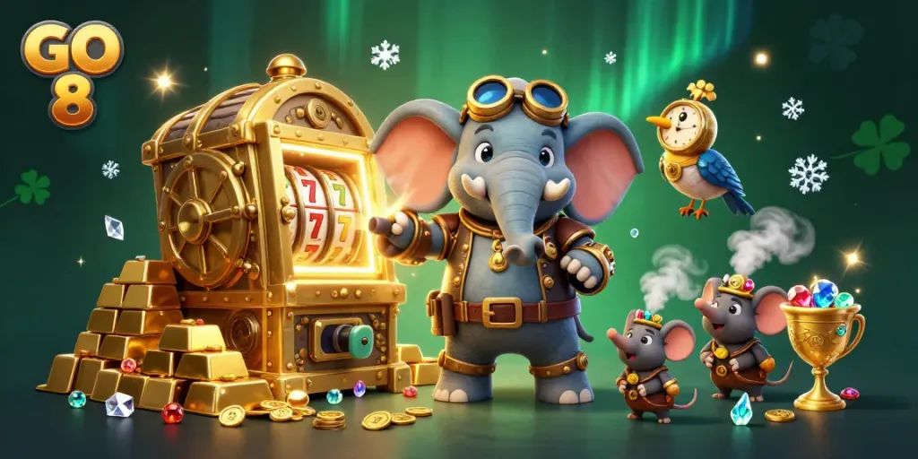 Engage with GO 8 by exploring animated slot machine adventures and treasure vaults in a festive casino scene.