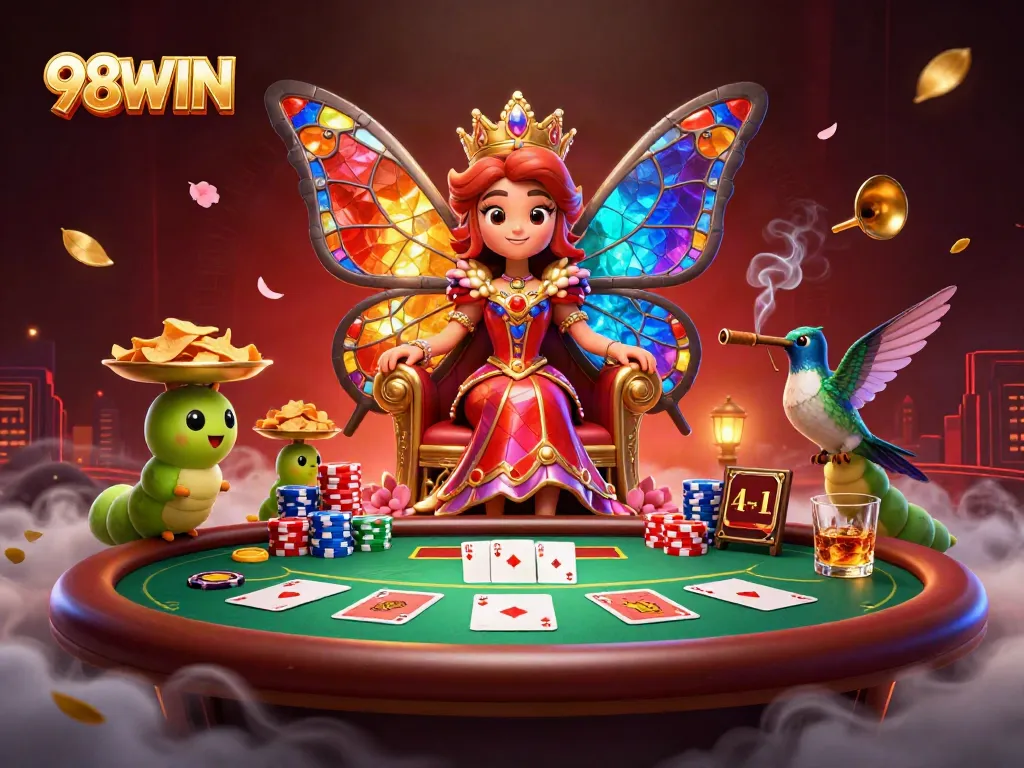 Experience the vibrant world of 98WIN casino with a dazzling butterfly queen, poker tables, and colorful chips.