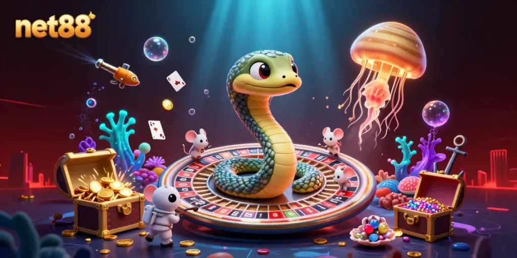 Engage in thrilling bets at net88 with a vibrant cosmic casino scene featuring playful characters and rich gaming elements.