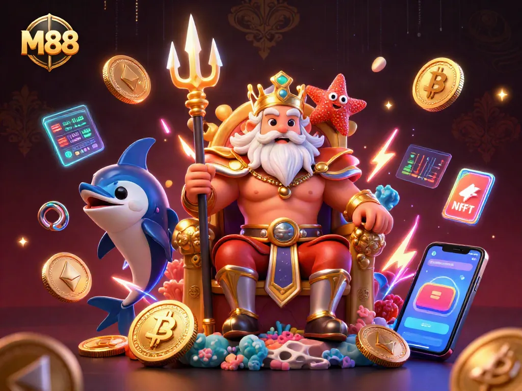 M88 unveils vibrant cartoon scene with Neptune and crypto elements, enriching player experience.