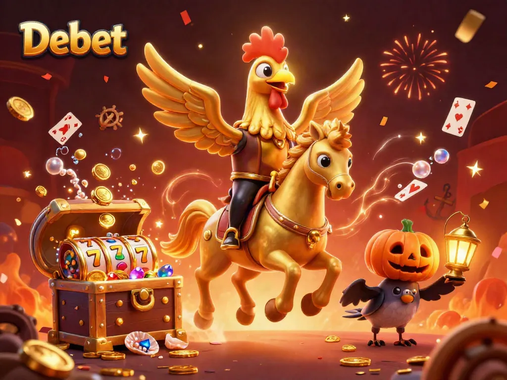 Debet showcases a vibrant casino scene with a golden rooster and lantern-carrying crows, immersive gambling elements.