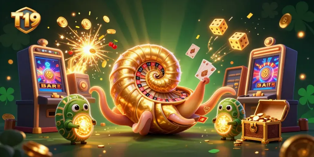 Experience thrilling gameplay at T19 with a lively casino scene filled with vibrant characters, games, and big wins.