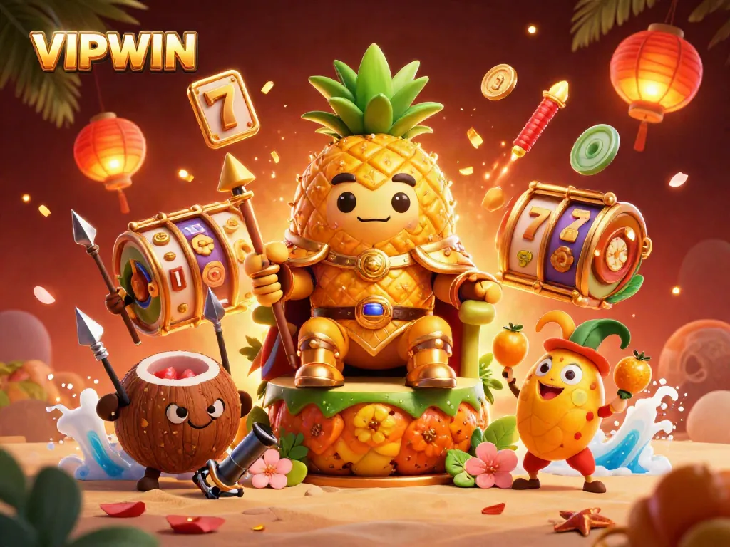 Experience the thrills of VIPWIN in a vibrant casino scene with lively cartoon characters.