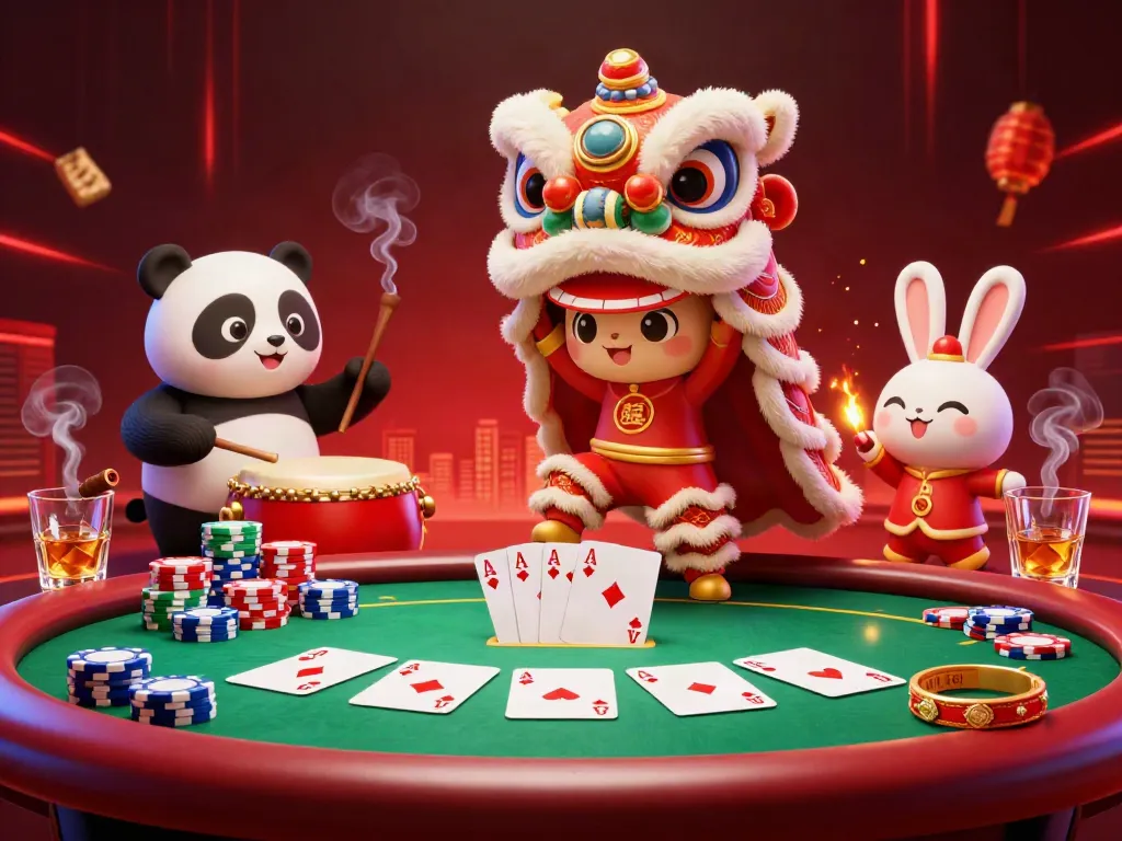 Engage in thrilling casino action at 78win with a dynamic lion dance and colorful poker elements.