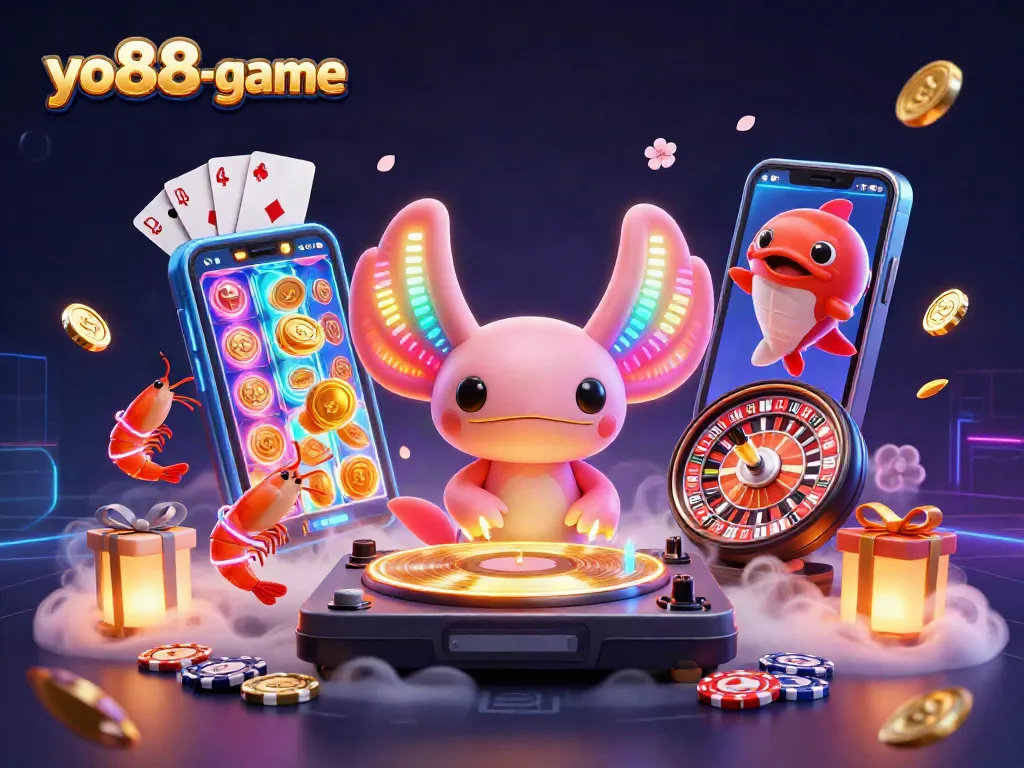 Experience thrilling gameplay at yo88-game with a neon axolotl DJ and vibrant casino elements.