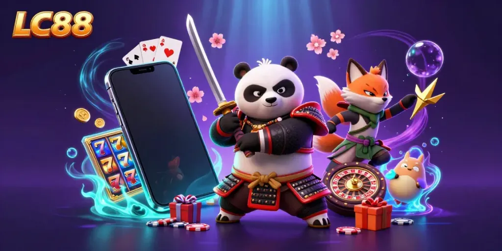 Win big at LC88 with a dynamic scene featuring a samurai panda and magical characters amidst a colorful casino atmosphere.