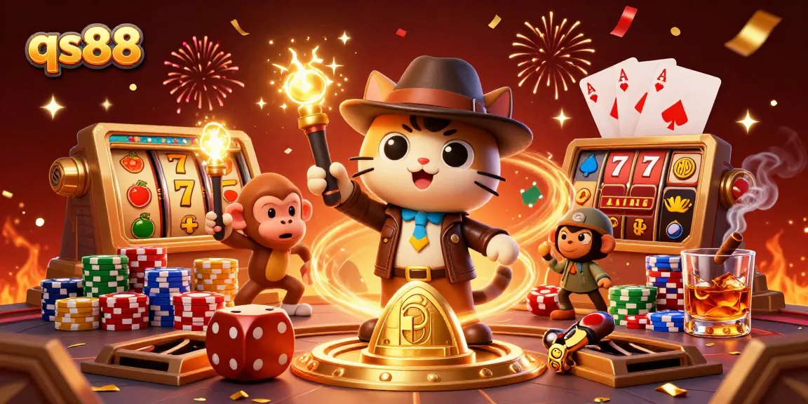 Feel the thrill at qs88 with an archaeologist cat exploring a golden casino artifact amidst slot reels and colorful poker chips.