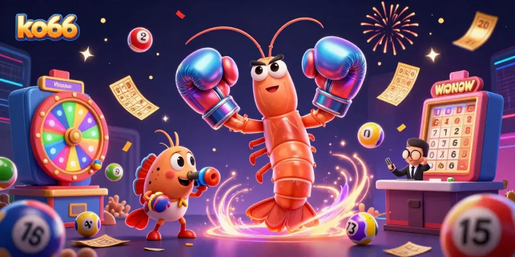 Experience thrilling gameplay and vibrant winnings with ko66's colorful casino illustration featuring energetic characters.