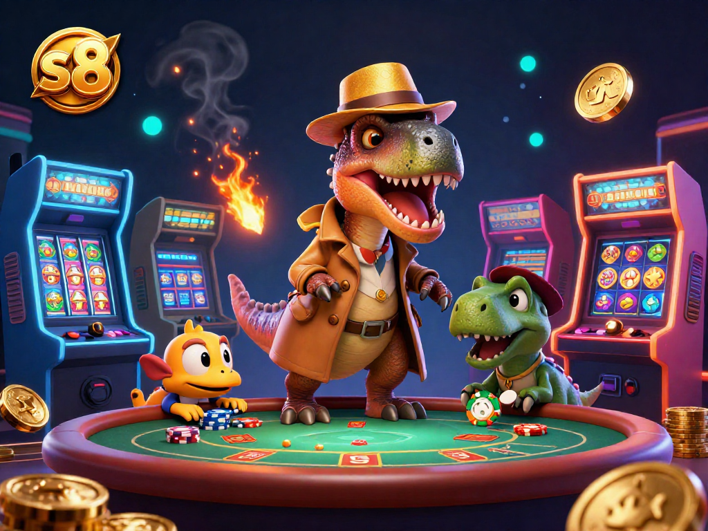 S8 casino vibrant scene showcases a velociraptor card counter sneaking at a blackjack table, enhancing gambling fun.