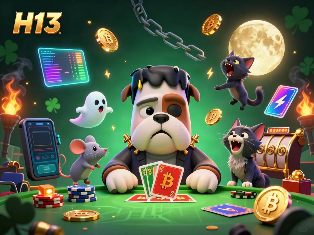 Experience H13 with a thrilling 3D scene featuring a bulldog monster dealing cards, themed for online gambling.