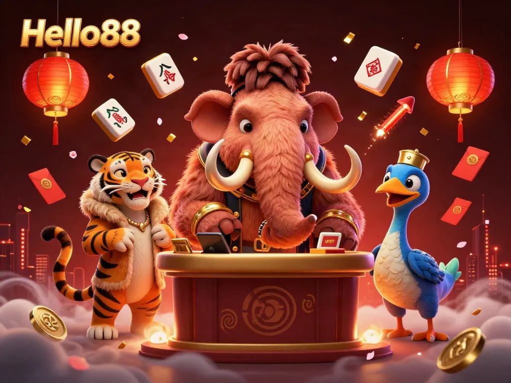 Experience gaming excitement with Hello88's dynamic casino scene featuring a woolly mammoth bouncer and VIP guest.